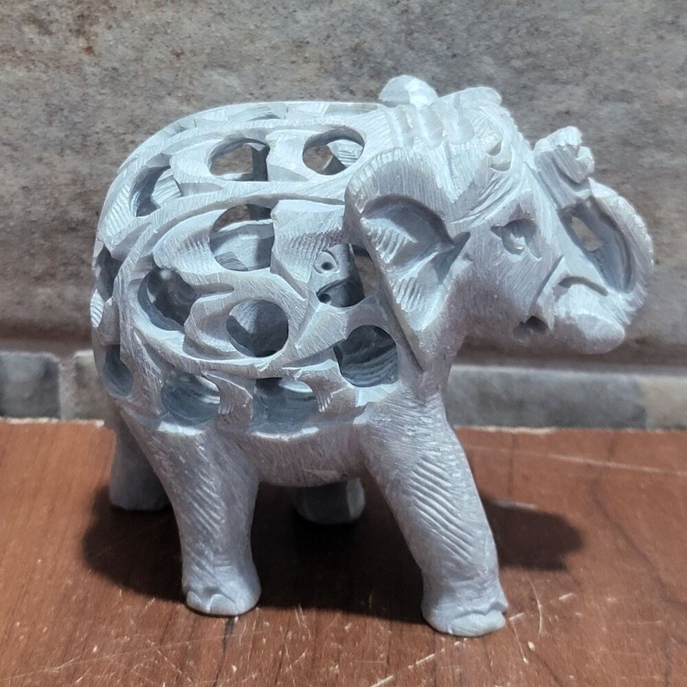 VTG Hand Carved Soapstone Elephant Figurine Smaller Baby Elephant Carved Inside
